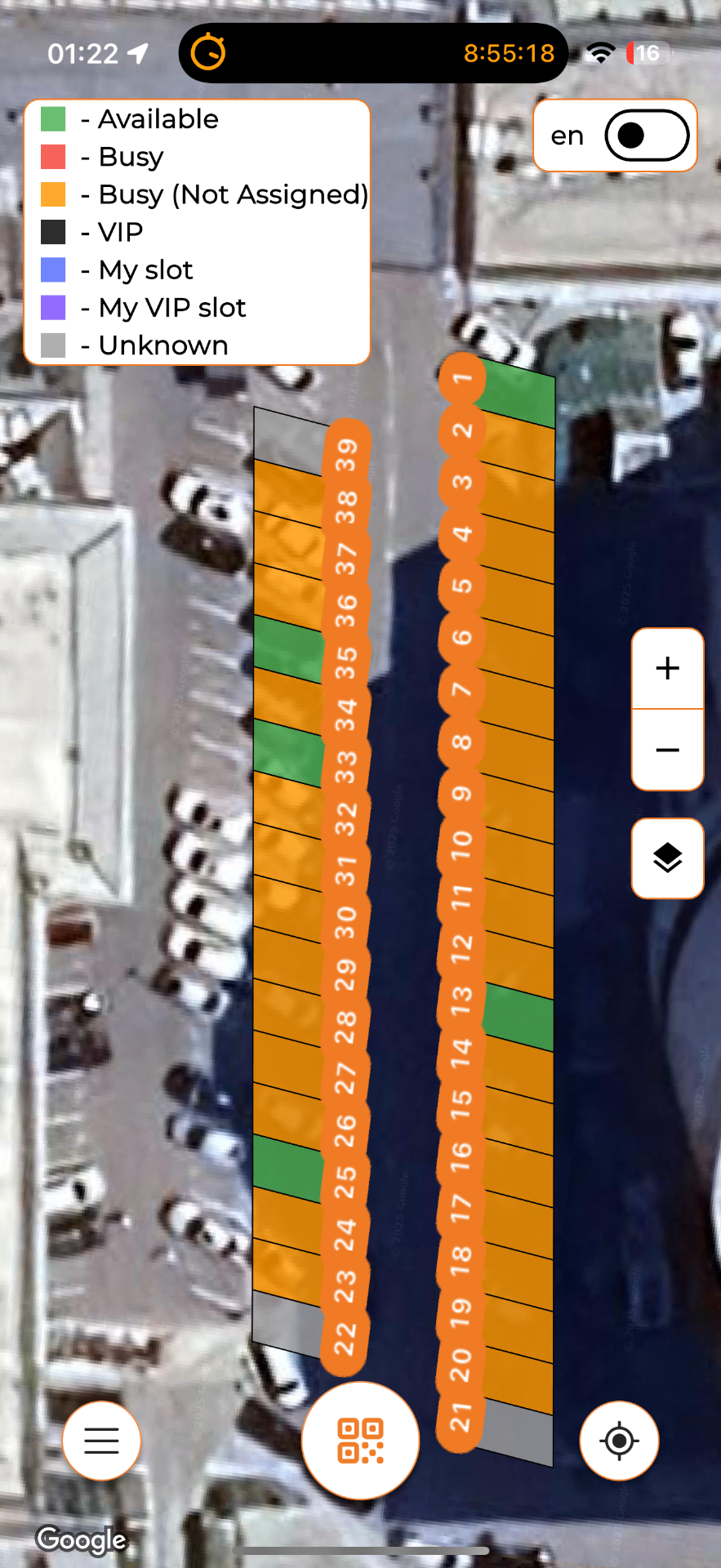 OpenSpot mobile app showing real-time parking availability